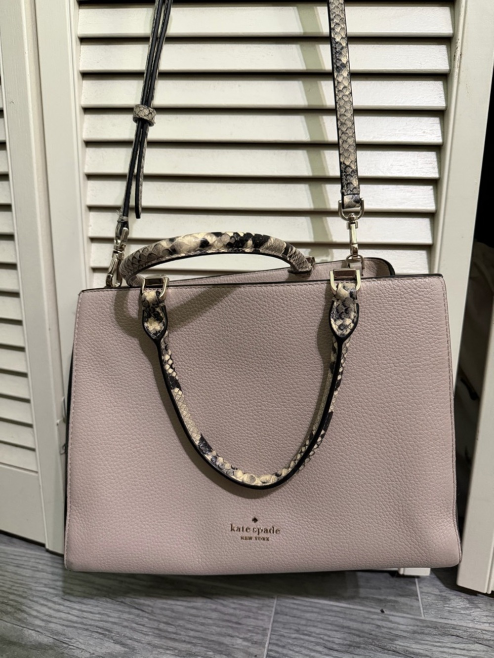 kate spade Blush Pink Pebbled Leather Satchel with Snakeskin-Print Trim